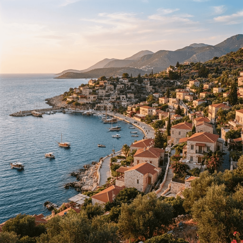 A sunlit coastal town beside the sea